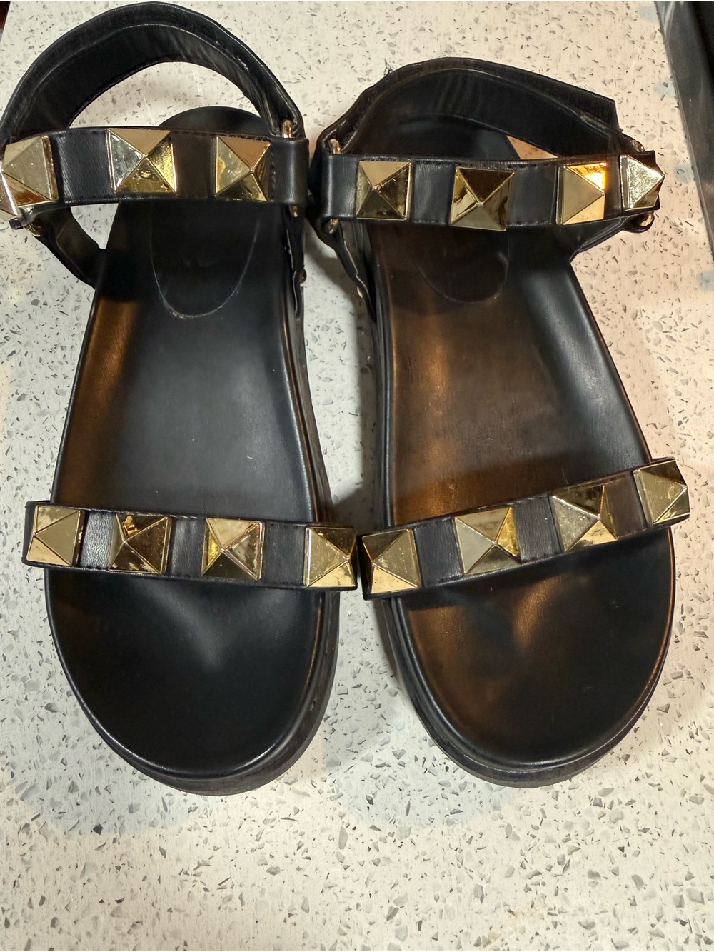 Black Women’s Studded Sandals with Gold Pyramid Accents